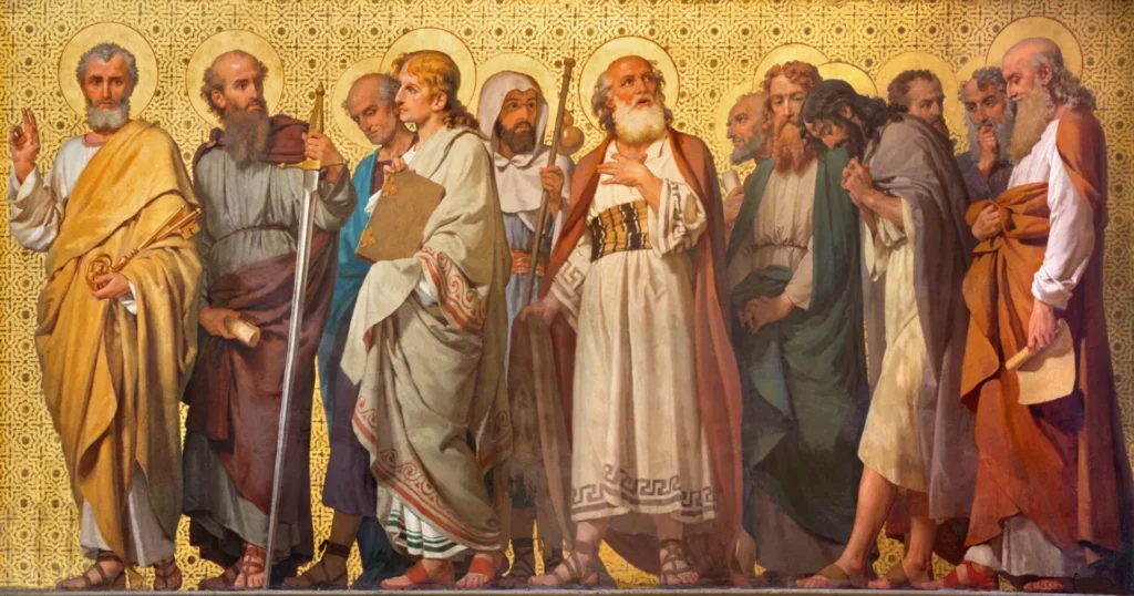 A group of robed men with halos, standing together against a patterned gold background, engaged in conversation about the New Testament. Advent Hill Ministries