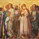 A group of robed men with halos, standing together against a patterned gold background, engaged in conversation about the New Testament. Advent Hill Ministries
