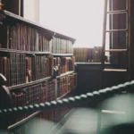 Bookshelves lined with old books, including volumes on the New Testament, a ladder leaning against the wall, and sunlight streaming through a window in a quiet library setting. Advent Hill Ministries