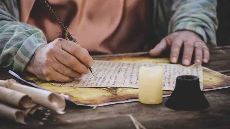 A person writes on a parchment with a quill pen, surrounded by scrolls, a candle, and an inkwell—capturing the scholarly pursuit of New Testament history at a wooden table. Advent Hill Ministries